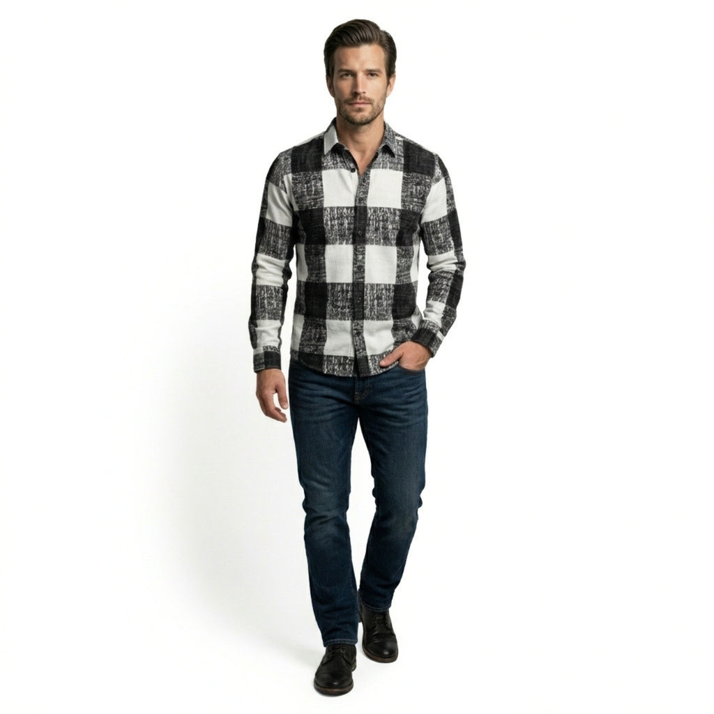 Men’s Button Up Shirt – Long Sleeve Plaid Pattern