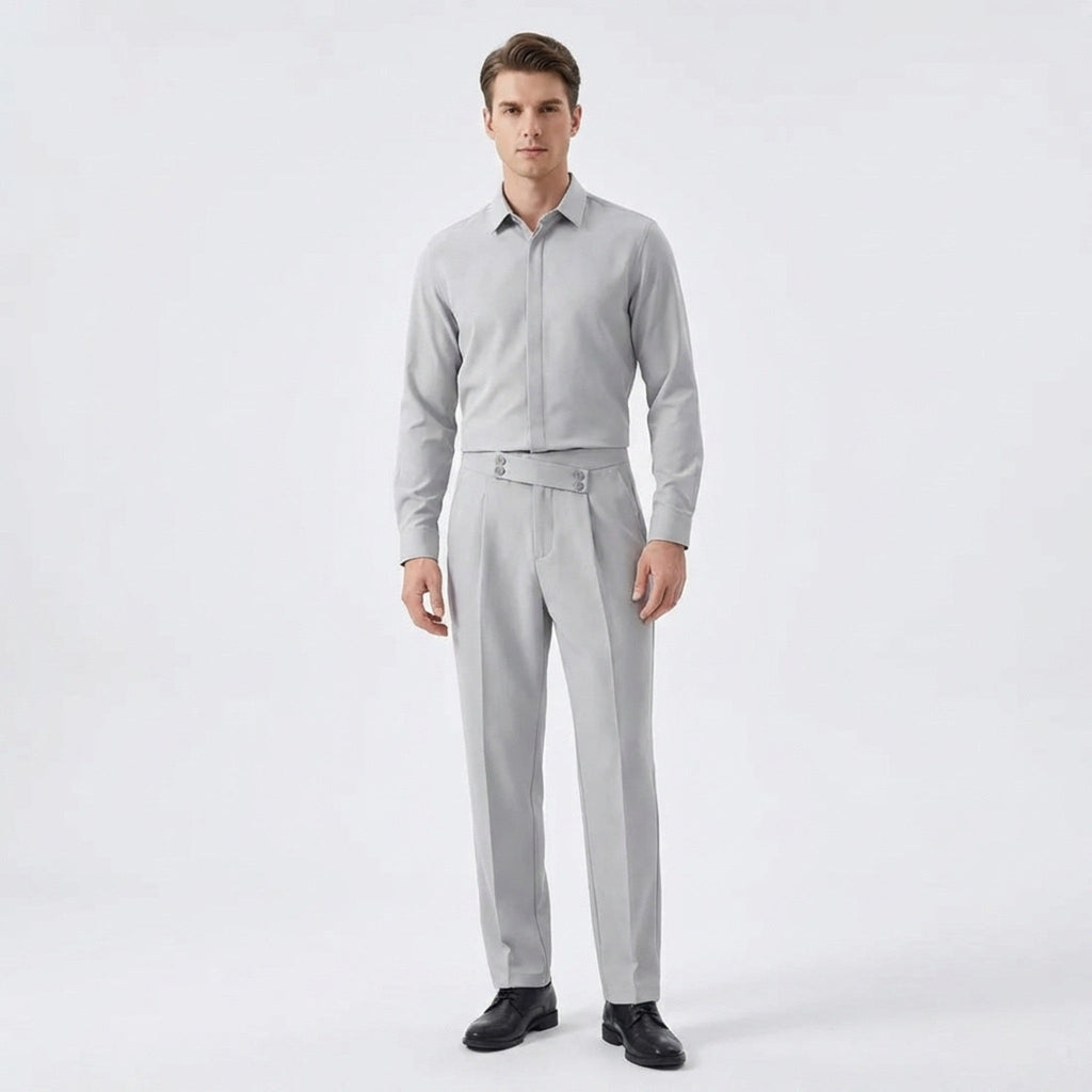 Men’s Pleated Regular Trousers – Straight Leg Button Closure